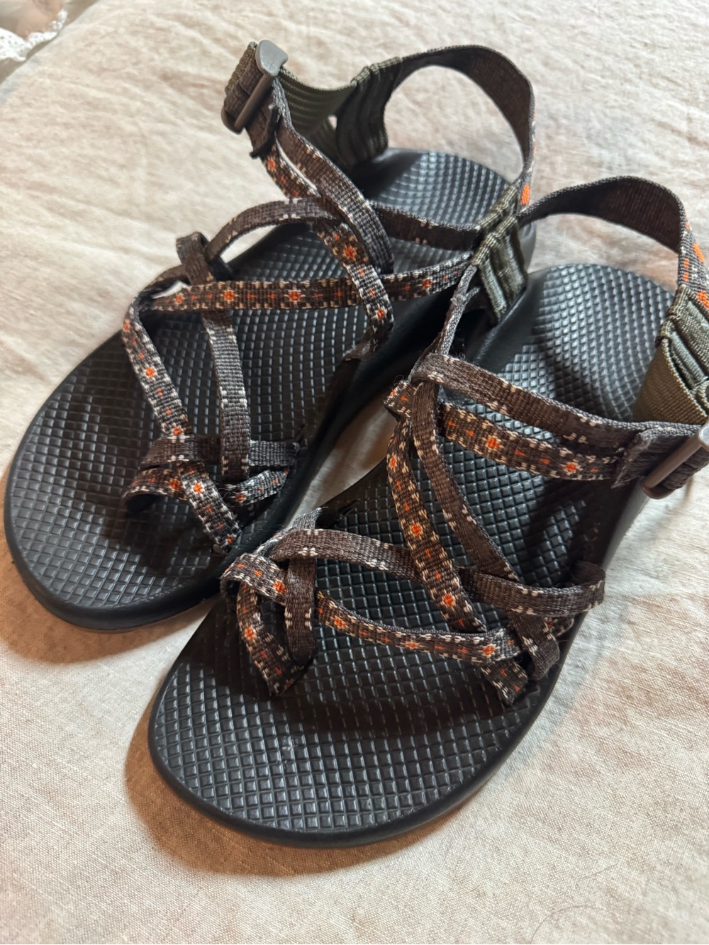 Chaco Women's Black Sandals with Brown & Orange Patterned Webbing